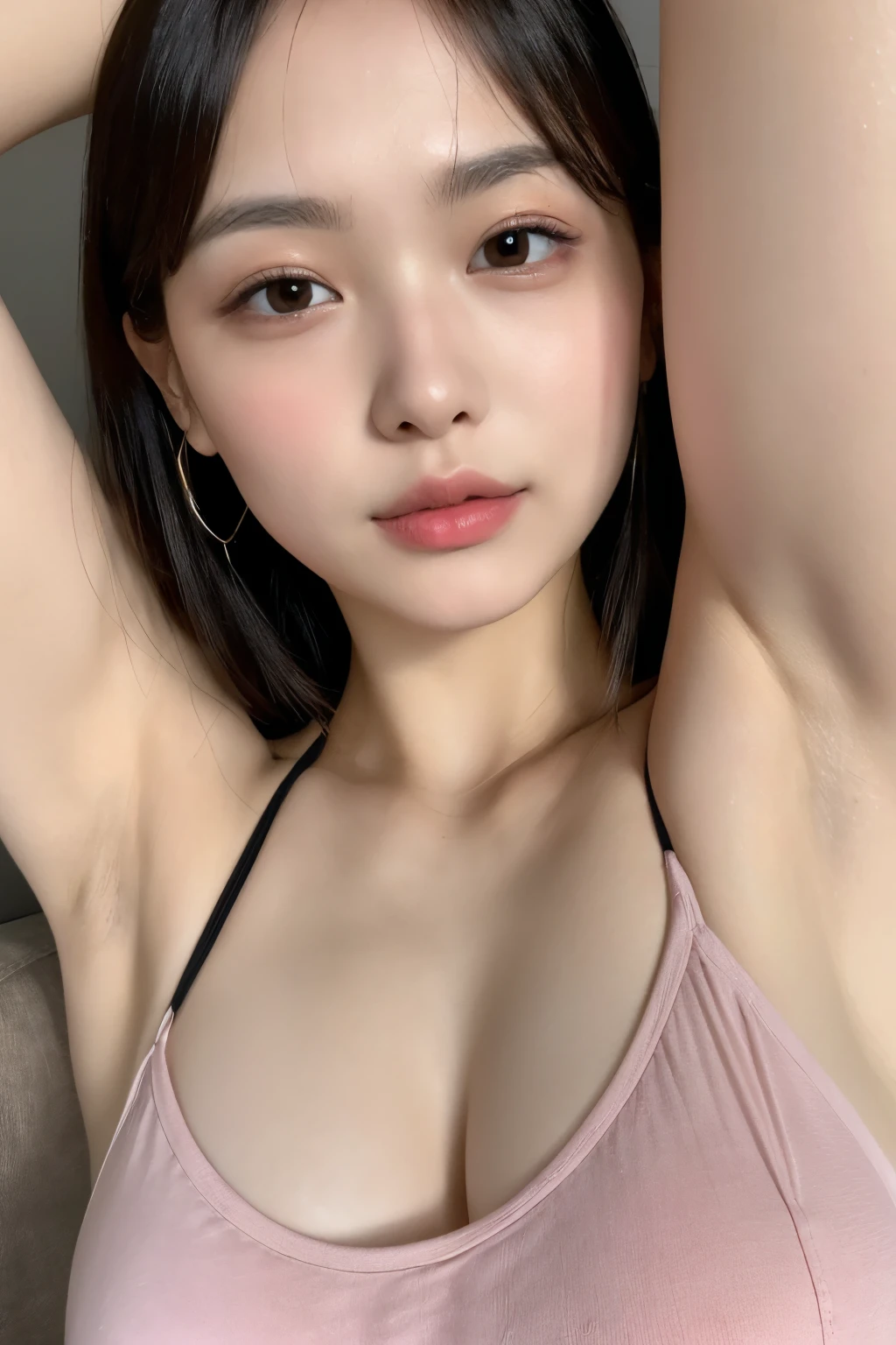 Kim Jennie with black hair, with curls, Brown eyes, pretty eyes, He, pretty lips, pink lips, Heart and cupid shaped lips, Beautiful skin, pale white skin, with moles and freckles all over his face, soft pink blush on cHeeks, douyin makeup, popular korean makeup, with a necklace, while wearing a white shirt, with summer shorts, thin abdomen, (big breasts, deep neckline), VHS style photo, old picture, autophoto, looking to tHe camera