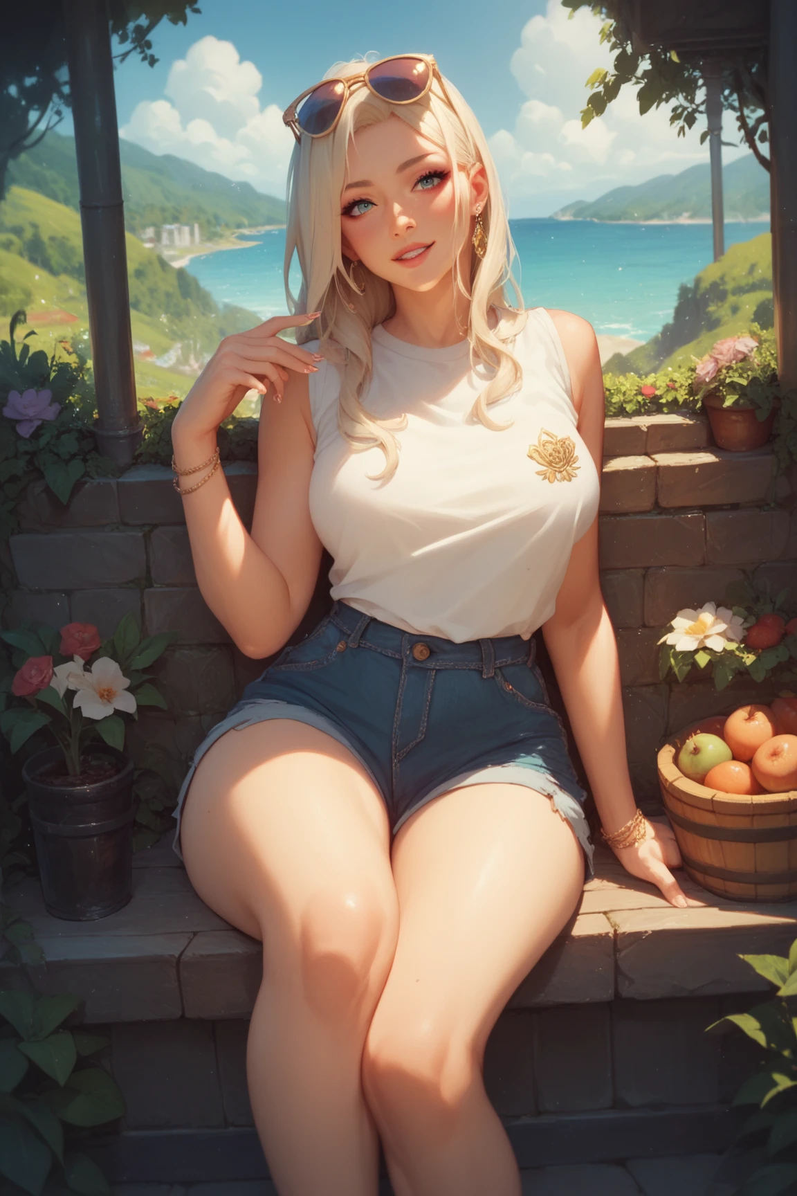 best quality, ultra-detailed, photorealistic: 1.39) masterpiece, best quality, Beautiful trees, rocky mountain top, flowers, blonde hair, shy smile, making a shy expression, stylish hairstyle, on the road, adventurer clothes, jumpsuit, tank top and ankle boots