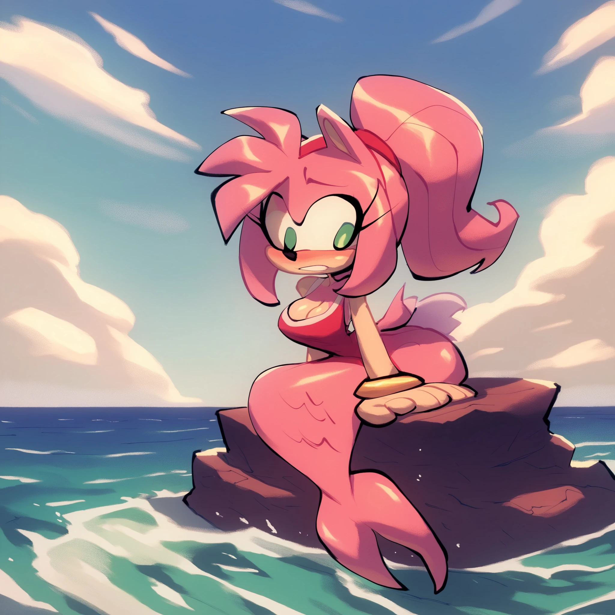 score_9, score_8_up, 2D, Beach background, looking down at herself, 1girl, very detailed, extremely detailed, ((best quality)), ((highly detailed)), masterpiece, (1girl), full body, (mermaid), fins, shiny mermaid tail, shiny scales, mermaid tail having a blend of pastel pink and purple, seashell bra, outside, Amy Rose from the sonic the hedgehog series, portrait, above shoulder, puzzled expression, confused, sound lines, open mouth, (makeup), long hair, medium breasts, (lying down on her chest or stomach)