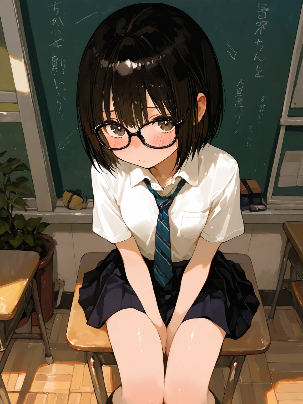 Full character(from head to foots), a girl with dark skin, black hair and brown eyes that uses a black and glasses stepping next to an japanese school.