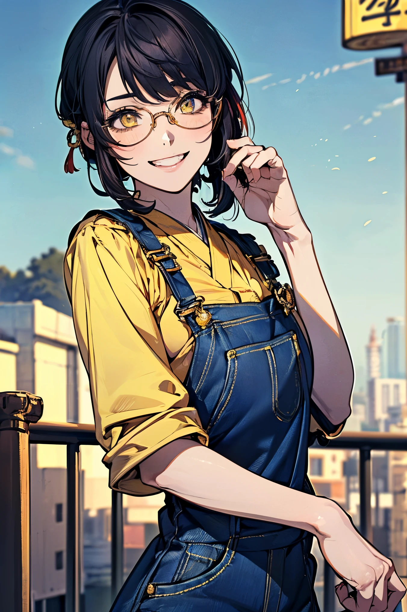 Cute girl, yellow skin, short black hair, brown eyes, eyes protected by silver glasses frames, wearing a blue overalls with a front pocket, big breasts
