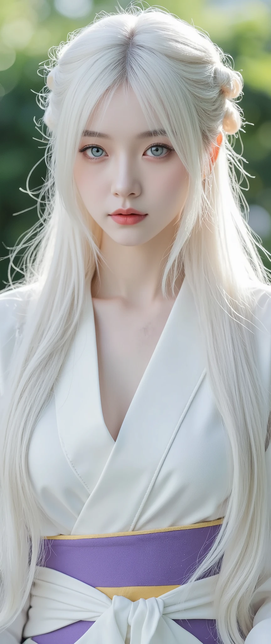 A hyper-realistic full-body portrait of a white skin woman with long, straight white hairs with a zigzag hair pattern and a soft, natural expression. She has large, bright white color eyes. Sha has a bright red lips. She is wearing an elegant white kimono with a violet and yellow strips. She has a big breasts. The lighting is soft and natural, with a natural background to emphasize her features and the textures of her outfit. Ultra-realistic skin, fabric details, and natural hair flow.