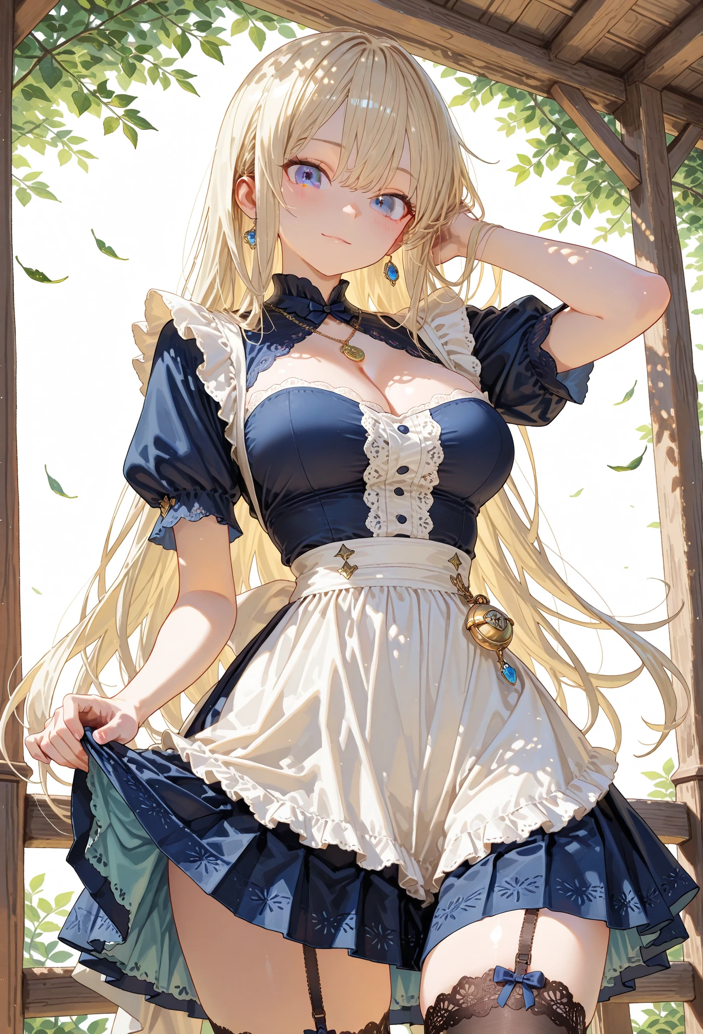 (masterpiece:1.2), (highest quality:1.2), Curvy but slender body, perfect eyes, perfect face, perfect lighting, 1 girl, long hair, curly hair, fine clothes, detailed outdoor background, compensate, eye shadow, thick eyelashes, fantasy, (maid)、whole body,alice in wonderland、Bright and beautiful face、young shiny glossy white shiny skin、the best beauty、the most beautiful bright blonde hair in the world、thin hair、super long straight hair、Shining beautiful bangs、Shining crystal clear big blue eyes、Very beautiful lovely 17 year old most beautiful girl in the world、big and full breasts、((She shyly lifts her skirt to show her panties))