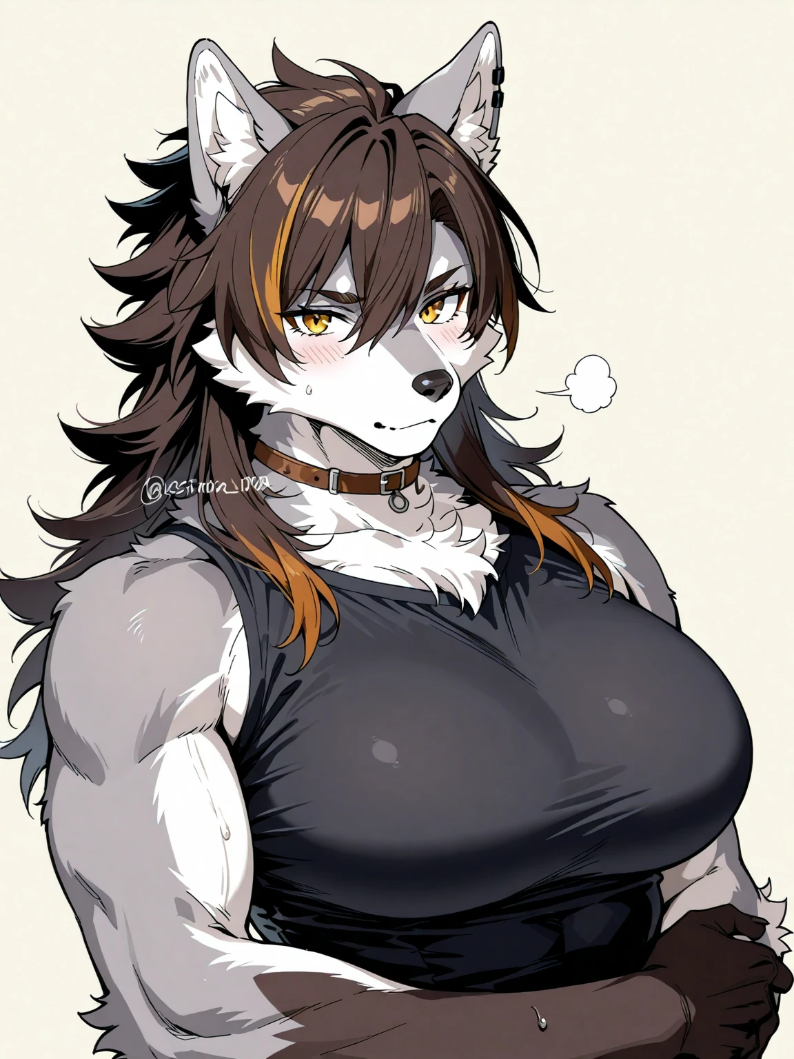 By bebebebebe, by lostgoose, by goonie-san, canine, snout, solo, massive tall woman, busty woman, big breasts, (thick lips, detailed face), wavy hair, curvy