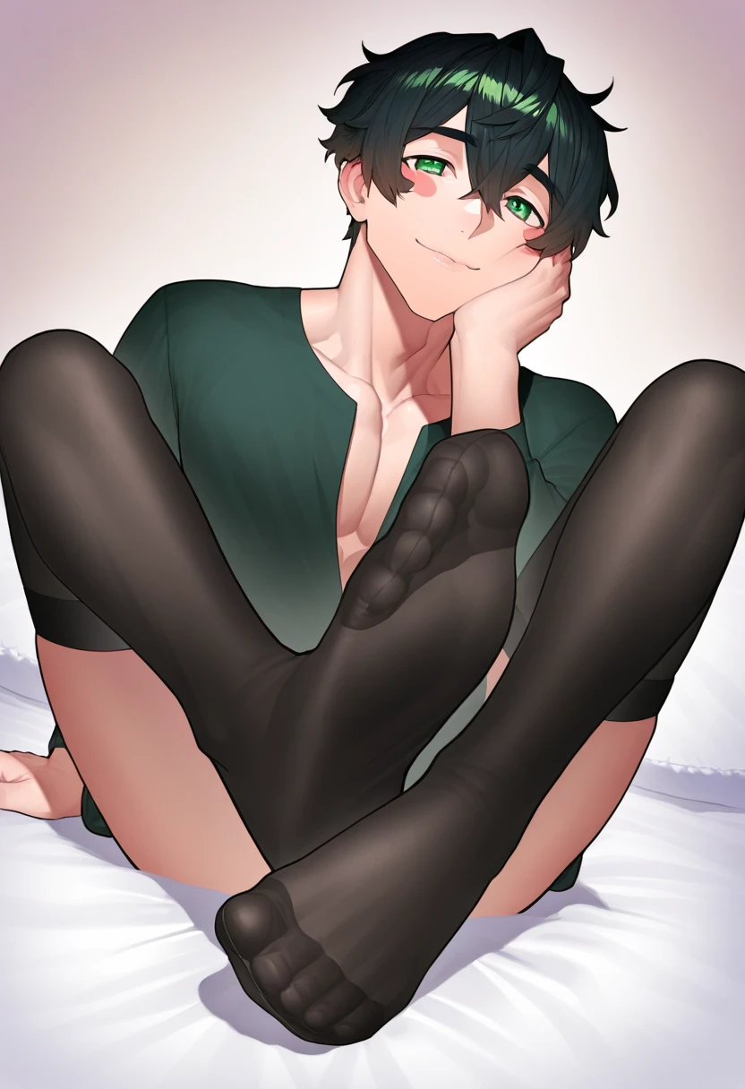 1boy, black hair, bowl cut, wide brown eyes, black turtle neck, thigh highs, smug, HD, masterpiece, bedroom, big thighs, slim upper body, smug, best quality
