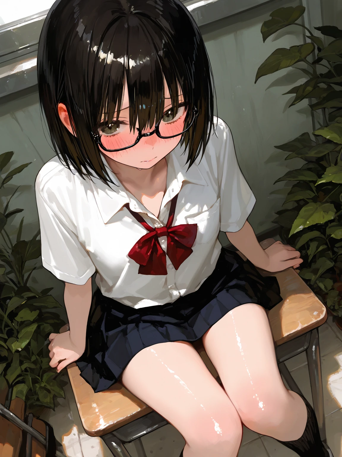 nsfw,((bukkake:1.7,excessive cum:1.7)),((perfect anatomy:1.3,realistic:1.3,RAW Photography:1.3,masterpiece、highest quality、Ultra - High resolution、High resolution、Highly detailed CG、8K)),cowboy shot,1 female,solo,18 year old beauty, Japanese、((beautiful detailed face and eyes:1.2,big gorgeous eyes:1.2,black rimmed glasses:1.2))、black hair,short bob hair,(center parted hair:1.4,forehead),medium breasts,slender body,small head:1.3,skinny,(oily skin,gleaming skin,shiny skin,sweat:1.5),(Student uniform、sailor suit、short sleeve、Black sailor collar、Red neckerchief,protruding nipples、navel、bottomless,vagina,)、((love juice:1.7))),(camel toe,bare legs,loafer shoes),squatting,spread legs:1.5,arms up,on the desk、Simple desk、classroom、