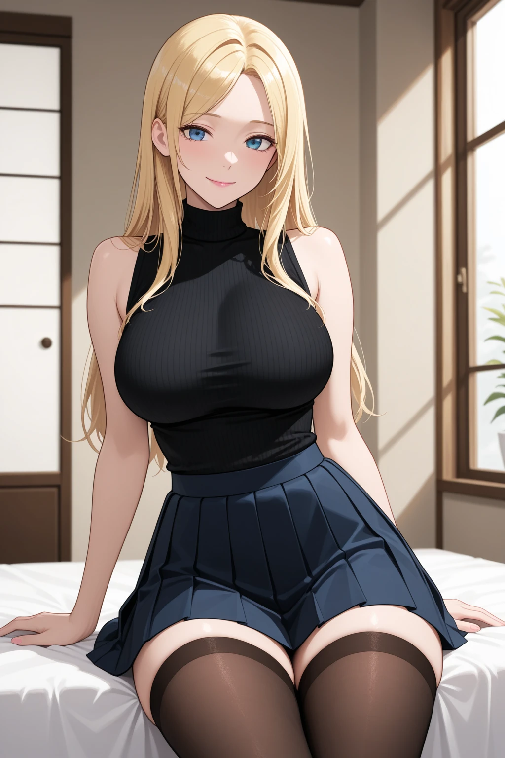 "Extremely detailed CG Unity 8K wallpapers,looking down,Ino yamanaka,masterpiece,indoor,bedroom,bed,charming,best picture quality,surrounded by toys,Volumetric light,Blonde,Face turned red,Smile,Off the shoulder dress,Bangs cover one eye,fat,looking at camera,black