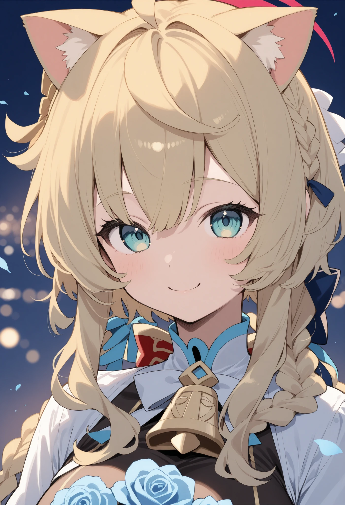 Blonde Cat Ears、bob cut blonde hair、 braids on both sides、big breasts、Smiling