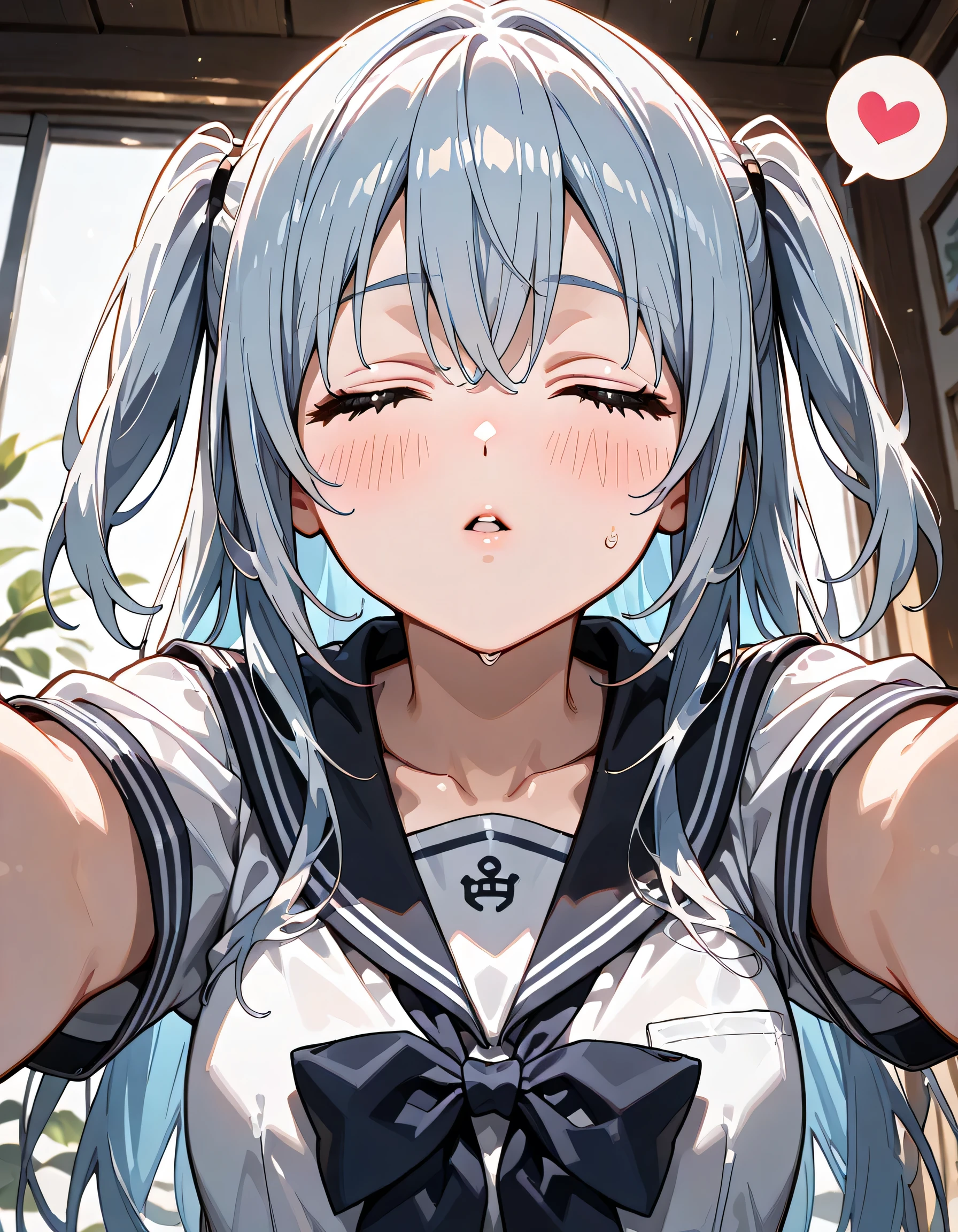 ((ultra-detailed)), (highly detailed CG illustration), (best quality:1.2), ultra-highly detailed, colorful composition, artistic photoshoot, 1girl, solo focus, upper body, moe anime character, age girl, dainty facial structure, baby face, round face, rounded chin:1.2, (closed eyes:1.4), silver hair color, two side up hair, ample breasts, school uniform, sailor suit, traditional Japanese style with navy blue and white colors, smile, (shy:1.4), (slaver:1.4), (incoming kiss:1.4), (full faceblush:1.4), (looking viewer), (Sweat:1.4), (spoken heart:1.4), pink heart background, from front, best quality, masterpiece, expecting, pink cheek, blush, light pink gloss slip, portrait, depth of field, soft lighting, sidelighting, shine, lighting, caustics, ray tracing, perfect face, lustrous skin, highly detailed face, perfect face, perfect nose, perfect hair, perfect anatomy, beautiful hair, beautiful small face, extremely detailed face, beautiful clavicle, beautiful body, beautiful ample breasts, leavage, breasts squeezed together, equalize the size of the left and right breasts, beautiful fingers, 4 fingers, 1 thumb, lovely, (very detailed background:1.0), (highly detailed background:1.0), spring aesthetic, intricate details, joyful atmosphere, spring colors palette, chromatic aberration
