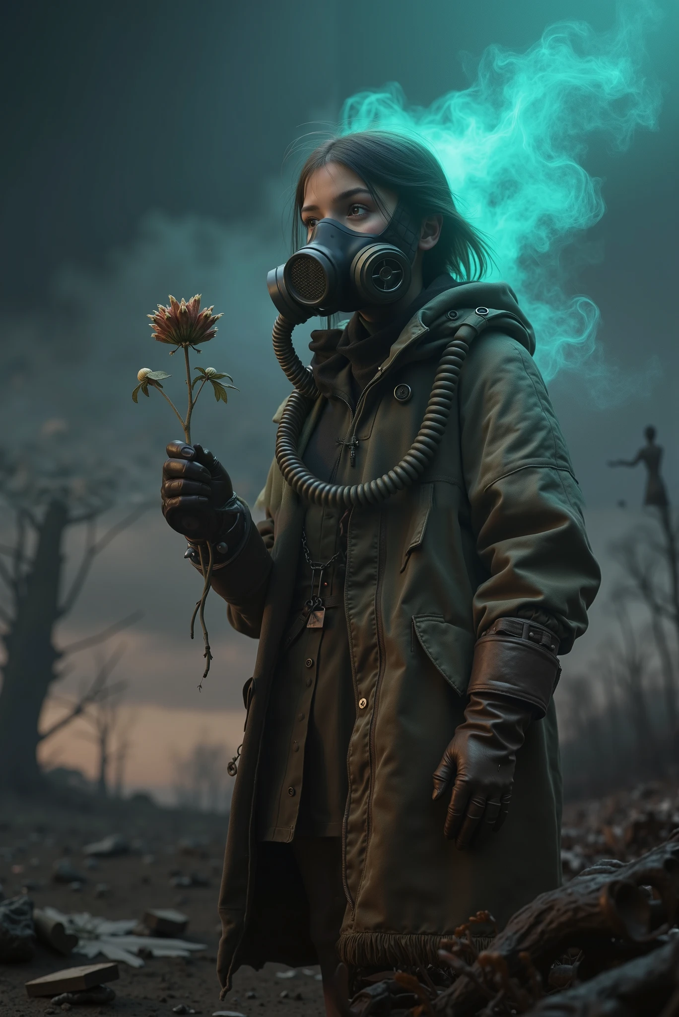 ((RAW Photo), absurd, (absurdresolution)), masterpiece, best quality, (Extremely detailed 8k unity CG wallpaper), (best shadow), Realistic lighting, Very low angle view, a girl wearing a gas mask with tubes, and a thick long jacket, old leather gloves, holding a dried flower, a desolate apocalyptic landscape in the blurred background, worn image edges, steam, high-quality wallpaper, very detailed, dutch angle, upcoming film, bioluminescent light