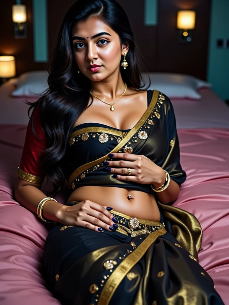 Portrait of A confident-looking 19 year old Bangladeshi girl with long flowing light brown hair, hazel eyes, with flowing capes and ice black colour saree, smiling, sitting on a sofa in luxury hotel room, perfect composition, hyperrealistic, super detailed, 8k, high quality, trending art, trending on artstation, sharp focus, siberian photo, intricate details, highly detailed, perfect 36-26-36 figure, perfect hands, perfect fingers on her lap art by greg rutkowski