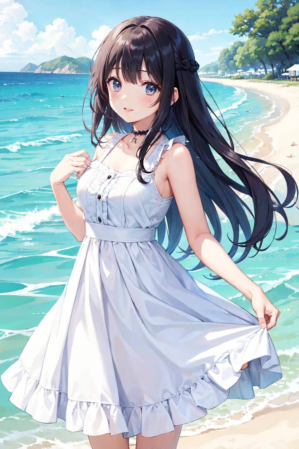 beautiful girl, large sparkling eyes, smiling, white lace gothloli dress, standing in ocean, summer, clear blue sky, crystal clear water, flowing long smooth hair, gentle breeze, soft lighting, sun shining, 2.5D illustration, highly detailed, award-winning artwork, serene, peaceful, ethereal