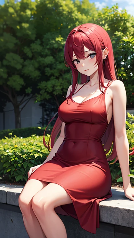 ((masterpiece, best quality, ultra-detailed)), 1girl, beautiful woman, summer garden, smiling, wearing pink tank top and black maxi pencil skirt, sneakers, full body, red hair