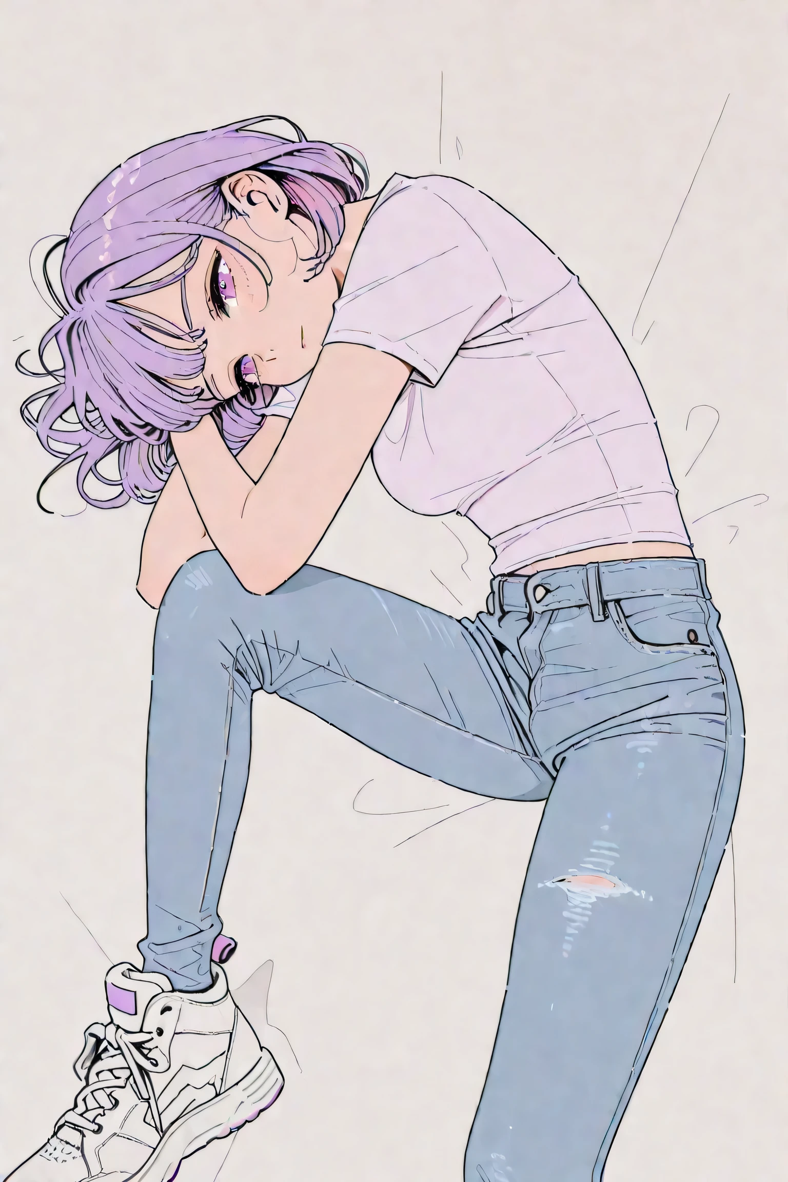 Girl from above perspective wearing a short tight shirt and jeans and white sneakers 4k fullHD, best resolution, beauty gir
