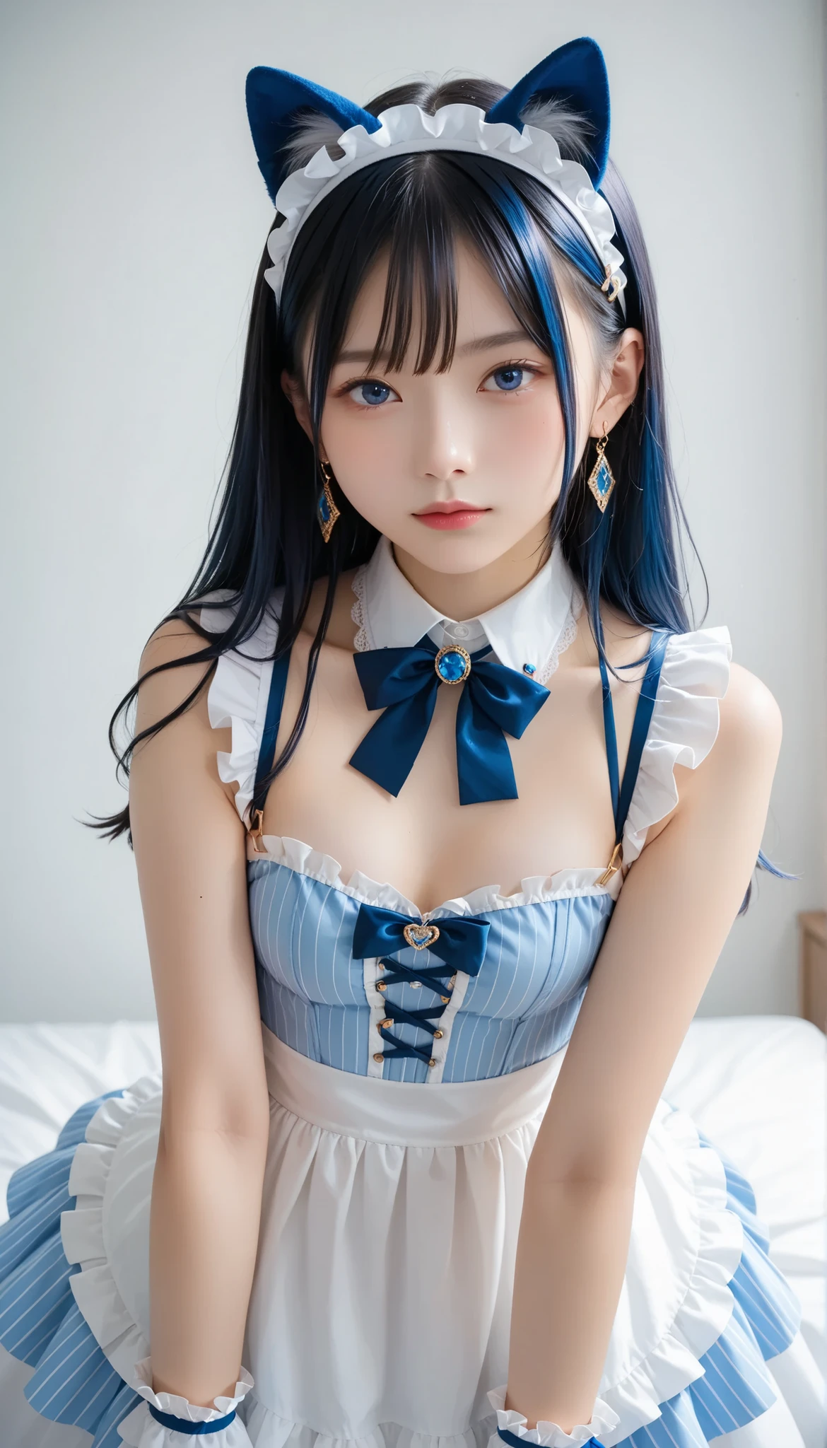 Photo of a woman in an attractive pose adorn the cover of a specialty magazine , wear an exquisitely designed costume : gold line accented、cobalt blue and white two-tone dirndl, Layered、cobalt blue multi-layer tiered apron with frills. cobalt blue sleeveless shoulder straps with frills, bare shoulders visible , High neck white collared blouse and、with cobalt blue and gold stripes Elegantly tied. white thigh-length stockings that extend to the toe, cobalt blue platform boots, Arm cover, and、eye-catching maid style headband with cobalt blue fake cat ears. The image captures her confidently watching the audience details.
