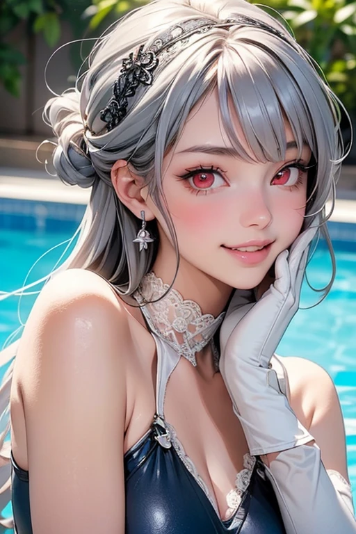 (close up:1.4), (RAW Shooting:1.2), (Reality:1.4), (masterpiece:1.3), (Highest quality:1.4), (bikini:1.3), White knee socks, swimsuit, flat chest, White hair, Black Hair, Colorful Hair, short hair, Straight Hair, White hair long braid, Glowing red eyes, Red X pupil, (focus, full-body shot, Smile)