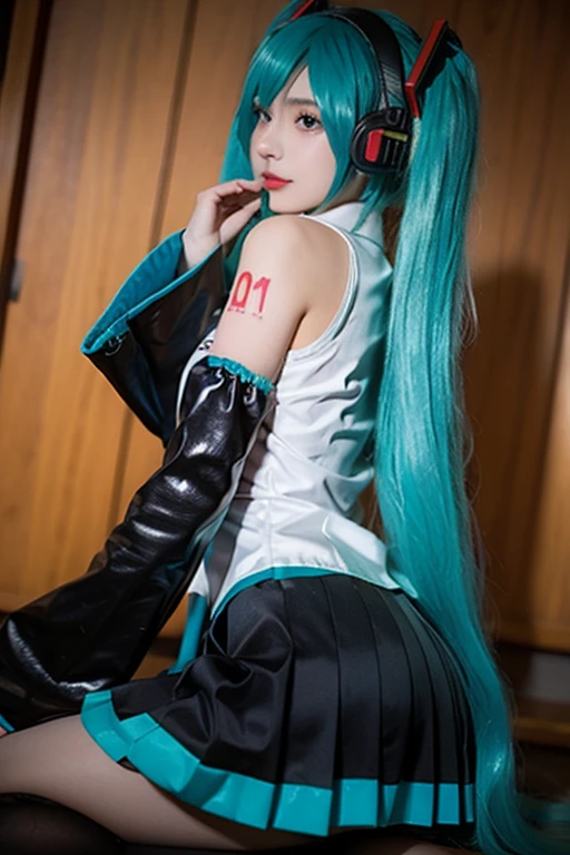 highest quality, masterpiece, Realistic, photoRealistic, One girl, alone, Cowboy Shot, Hatsune Miku Cosplay costume, Hatsune Miku, Cosplay, Aqua Hair, Twin tails, Very long hair, hair ornaments, Headphones, headset, shirt, pleated tie, aqua tie, Removable sleeves, tattoo,On all fours、Ass、Pink silk panties、Low - Angle