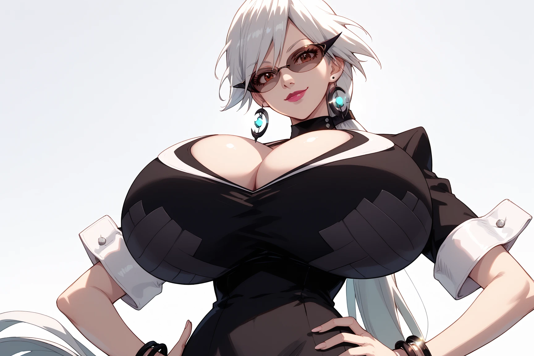 Woman in cardigan shirt, , bared chest, Bigchest, , Detailed piercing, Raised underwear, ,eye glass, Milk spraying