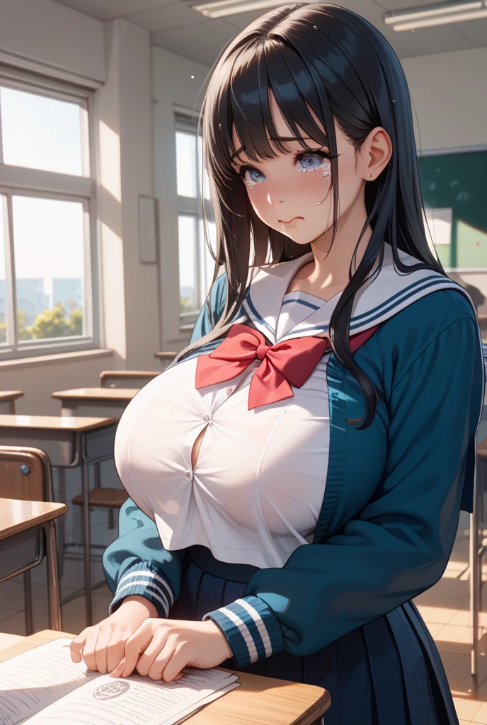((beautiful japanese girl:1.3)) ((School uniforms:1.4)) ((panty shot:1.5)) ((high school)),((dark blue skirt:1.3)) ((in the classroom:1.3)) ((Delgado_fabric:1.4)) ((pose sexy al azar:1.3)) ((sweaty:1.5))((the face is blushing:1.4)) ((big breasts:1.4)) ((close up:1.2)) Best Quality,Masterpiece,ultra high resolution,(photorealistic:1.4),photo and gross,(Genuine leather texture:1.3),(film grain:1.3),panorama,character portrait,very wide shot,narrow waist,cowboy shot,(in the dark, deep shadow, low key, cold light,) evening,(()),tears running,,dust,Tyndall effect,(expression),1 girl,beautiful detailed eyes and face,white jabot,Brown eyes,((Brown hair:1.2)) ((whole body:1.3)) ((SMILE:1.3))