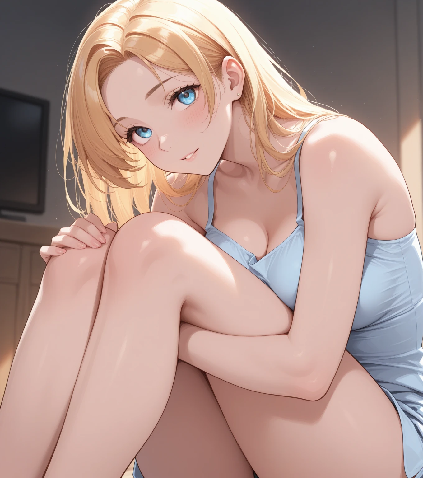 Top quality, apron, beautiful body, beautiful hair, exposed skin, upward look, white underwear, shy look, open mouth, blond hair, sitting on the floor, face up, drenched