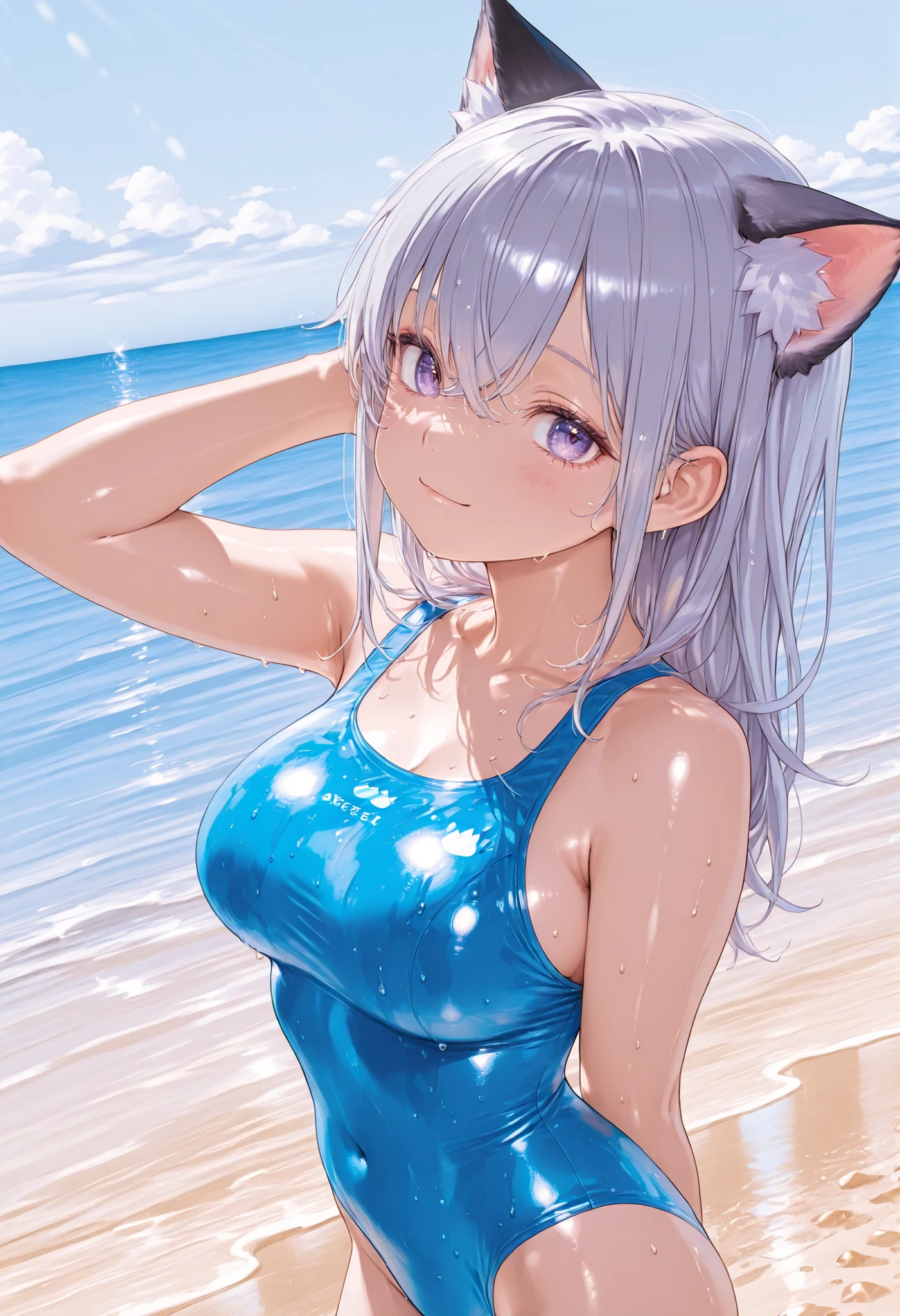 Anime Kawaii sexy Perfect Slim sensual body large breast and huge thighs, An intricate and highly detailed illustration of anime (Young girl) (((best quality)), ((masterpiece)), (details), masterpiece, best quality, high quality, ulutra detailed, perfect face, ((1girl, blue eyes, cat ears: 1.3 silver bob hair: 2.5,)) 、Shiny Hair、Glowing Skin、blush、Lustful look、coastal、Water Play、holding water pistol、Splash、smile、blue sky、A big rainbow shines、One-piece swimsuit with frills、