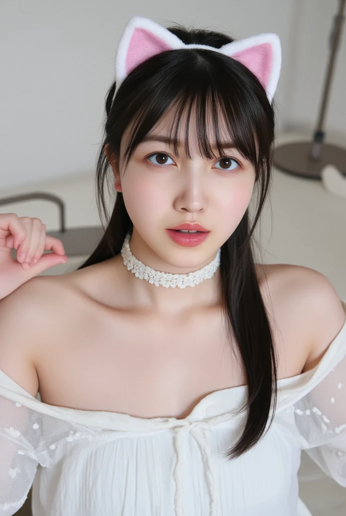 ((Highest quality))、 ((Masseter muscle area))、Ultra-high resolution、RAW Photos、Intricate details、Professional、Sharp focus、Photorealistic、Real Life、Surreal、Photorealism、シルエットLight、In detail、Highly detailed CG Unity 8k wallpaper、Perfect artwork、Deep depth of field、No perspective、Detailed Background、Shiny Hair、Shining Eyes、Glowing Skin、Realistic、Looking into the camera、Very delicate and cute、Cute Detailed Girl、Pure、かわいいBig eyes、フェイシャルLight、Cinematic Lighting、Transparent material、Realistic facial expressions、(Intricate details)、No makeup、(Delicate face、Delicate eyes and face)Detailed skin、Optimal ratio of four fingers to one thumb、(Flat Chest: 1.4)、Short torso、Extremely slim legs、Transcendent small butt、((soght、very young face、Innocence、Facial HighLights、Professionalフェッショナルライティング、1 girl、White Lightweight tank top with thin fabric、ホワイト シアー Light ショーツ、Back Lighting、((Stand facing forward))、Put your hands on your hips like a model、Floral、((Not blurry))、Skinny style、((Hit the knee))、((12 years old))、(Beautiful pitch black shiny one-tail medium hair:1.4)、(A super beautiful woman with a cute face:1.6)、low length、Beautiful shiny black hair、((Super Slender Girl))、((A super beautiful girl and her childhood in Japan))、plump round face、The face is small、Small nose、Healthy Face、Soft lips、Pale cherry lips、(fairly thin eyebrows: 1.4)、Glowing big black eyes、Big eyes、(The corners of the mouth turn up:1.4)、Clothes are see-through、Protrusion、Stand upright、(A shy smile:1.8)、Fewer clothes、Sleeveless、Pay attention to the details of the cavity、Floating Hair、左右対称のBig eyes、Barrette、No makeup、