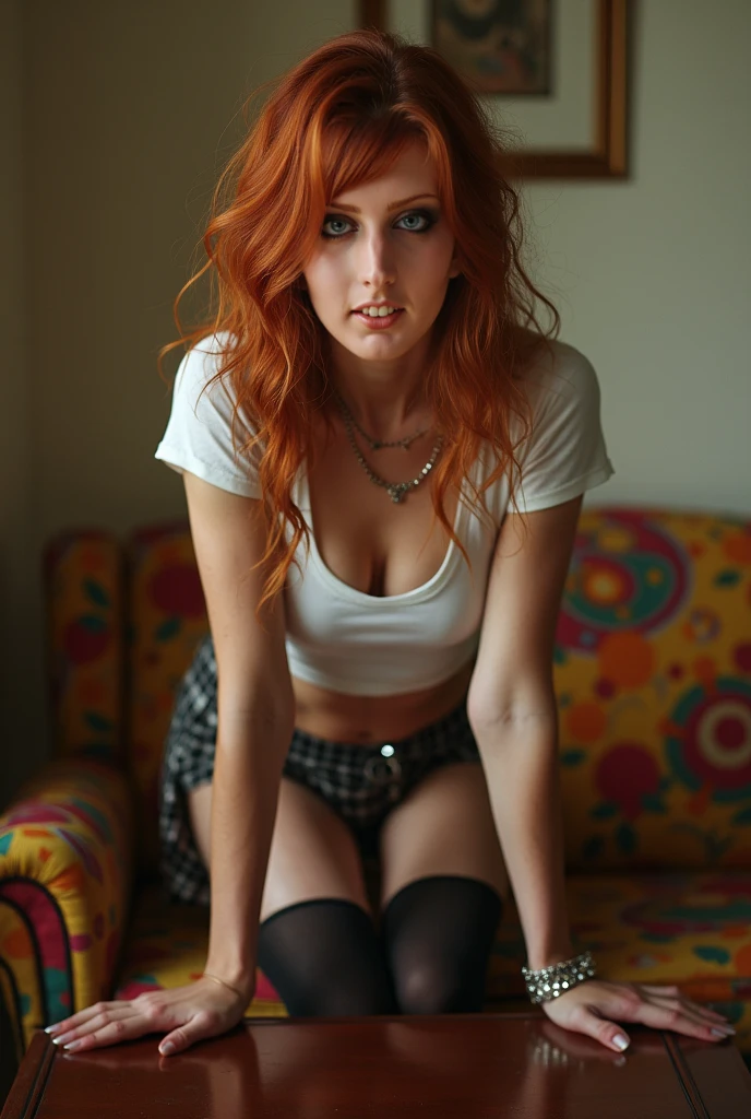 (full body shot:1) photorealistic image of a (sitting pose:1) ultrarealistic, photography, long red hair, woman, 24 years old, hourglass figure, perfect body, Flirty look, natural medium breasts, blur background, she is sitting on a modern white couch in the living room with her legs on the table in front of her, she is barefoot, bare foot, she is wearing a white sheer top and black skin-tight shorts,