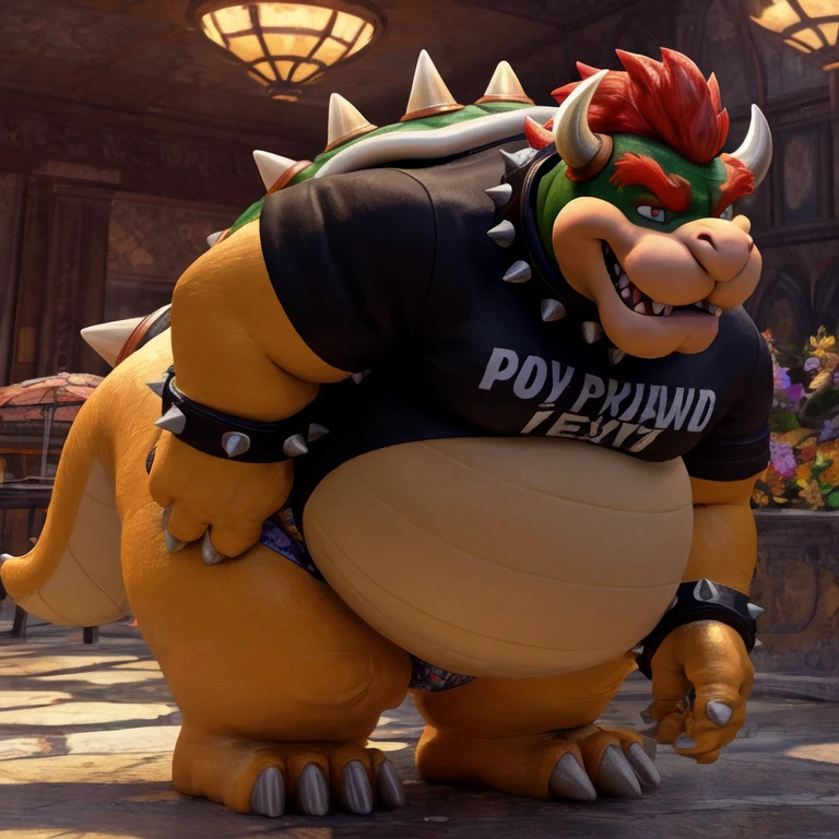 Bowser, gray beard, gray mustache, DILF, seductive, looking at the viewer, SMILE, white and blue plaid loose boxers, White shirt, open shirt, (posing) masculine, alone, the second, gordo, large size, Thick, cellular shading, standing, stopped, whole body, Aerial view, From above, with both hands towards holding the peruvian flag (Red and white colors), thick penis and big testicles