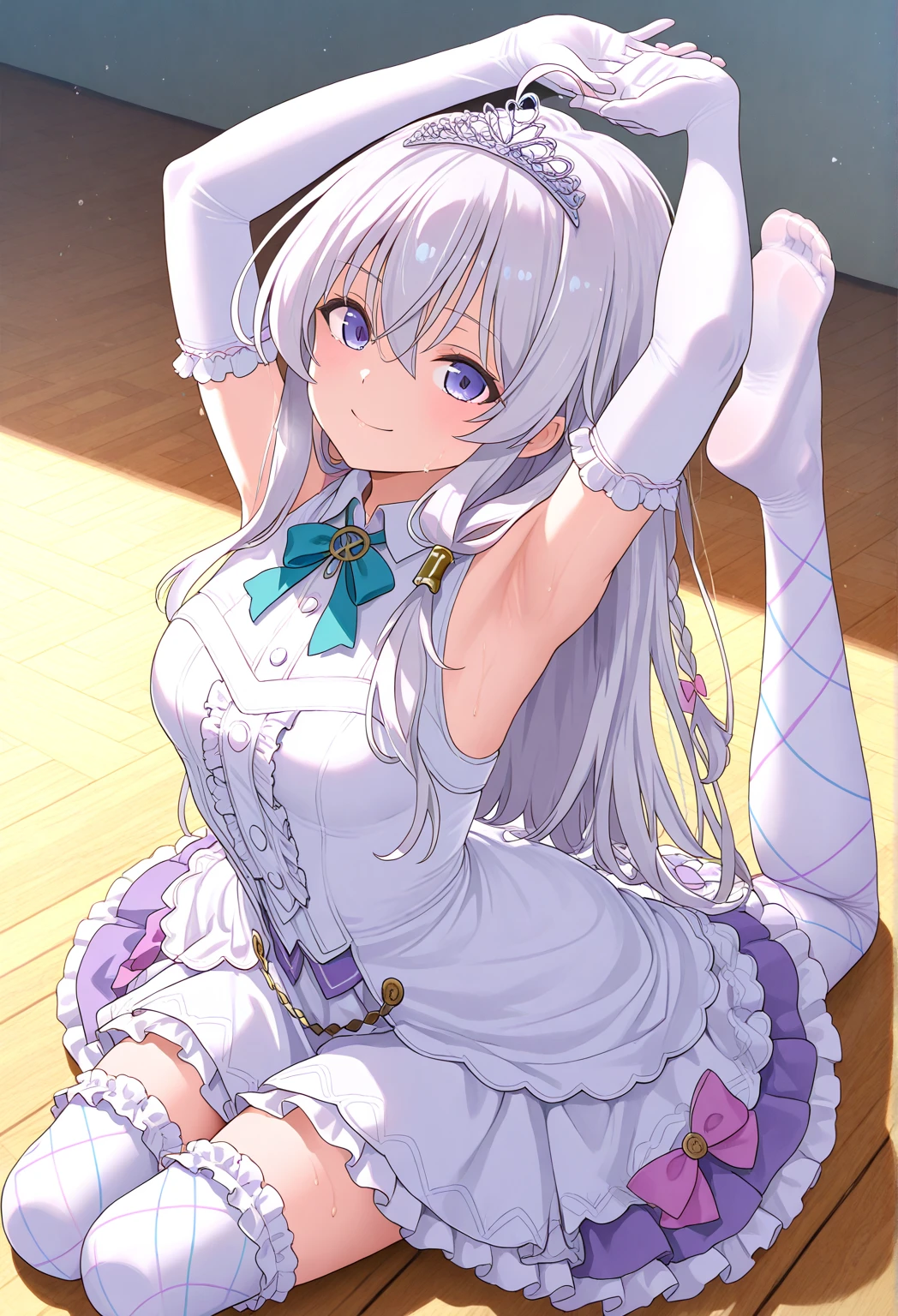 masterpiece, best quality, absurdres, highres, 1girl, solo, seiza, from above, <lora:gundam_ailajyrkiainen-11:1> , mgfaila, hat, hat, sleeveless, elbow gloves, bare shoulders, purple pantyhose, indoors, tatami, glowing,