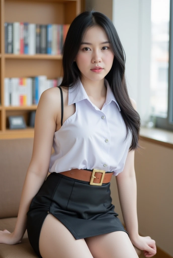 ((best quality)), ((masterpiece)), (detailed), perfect face, violence in an office, young sweet beautiful Indonesian pretty girl, 25 years old, georgeus sweet face, slim body, slim thighs, beautiful big size breasts, nubian nose, descent mixed from sundanese and javanese, neat wavy shoulder short hairs with a bangs, very shy and  very humble office girl, wearing  all buttoned  long sleeve  office shirt, wearing lacey soft cup  bra in her buttoned shirt, wearing white  very long A-shape muslimah skirt, wearing white lace panty under her skirt, wearing woman shoes, wearing belt, all very realistic, all very detail, siting straddeled cheerful happyly and confidence spreading legs on chair  at front of her office building, fresh morning air blowing on all her skins and hairs, panty exposed, sexy apearence, cute sweet laughing face, little sweats on her face, 4k, 