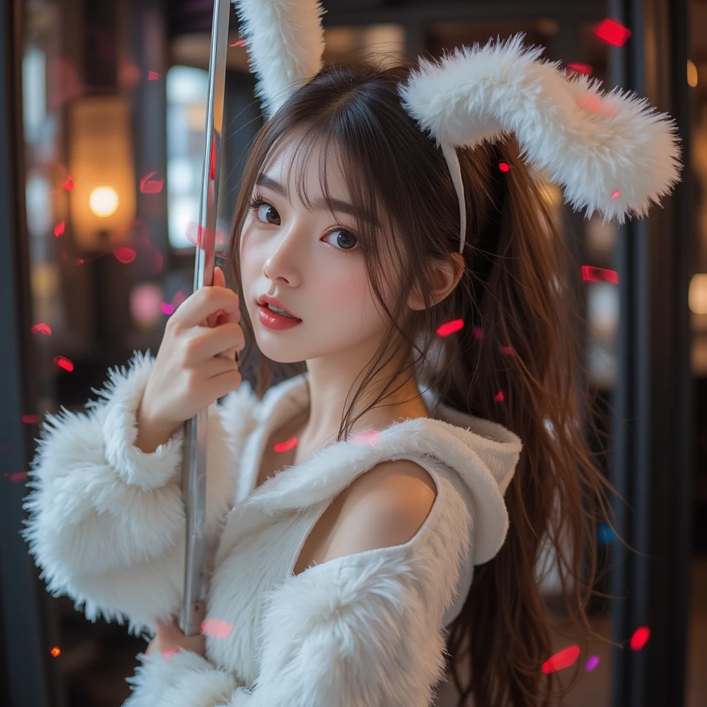 High-Definition Portrait, Dynamic Lighting, Stylized Rabbit Mask, Photorealistic Rendering, Extremely Detailed CG, 4K Wallpaper, Dramatic Shadows, Dynamic Contrast, Emphasis on Textures, (Expressive Eyes, Rose Tint Lips), Intricate Details Face, Rabbit Ears on Mask, Brown Hair, Playful Expressions, Turning Head, Dreamy Background, (White Snowy Landscape), (Without People in the Background), Glossy Nose and Cheeks, (Full Body Shot), (Rabbit-Themed Outfit: 1.2), (Fur-Trim