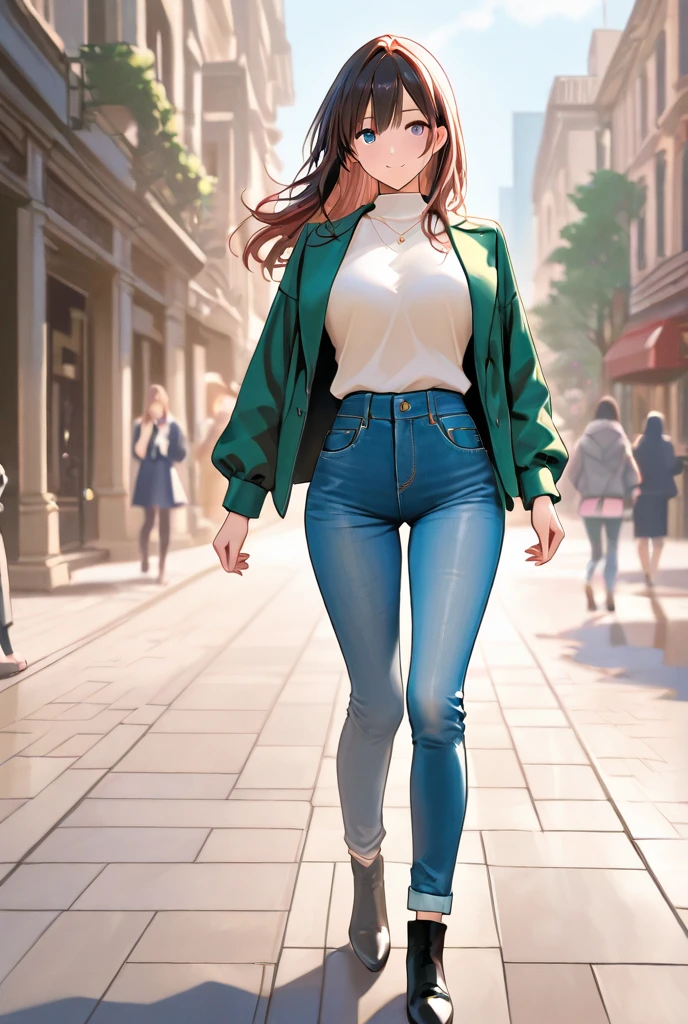 (masterpiece, best quality:1.4), solo, 1girl, sonia, smile, looking at viewer, hand on hip, side ponytail, heart hair ornament, eyewear on head, (pants, jeans:2), (full body:1.5), giantess, smile, (from below:1.5), (thick thighs:1.2), (large breasts:1.5), (looming:1.3), mature female, high quality, hd quality, masterpiece, photorealistic, stepping, shoe soles, close-up foot, intense angle, :), (Sitting on Building:1.6), very low angle, female pervert, toragao, licking lips, licking own lips, smile, (sitting:2), knee up, GTScity, giantess, city, buildings, perfect hand, brown footwear, leather boots, (green sweater, aqua eyes, trench coat, brown trench coat:1.6), (tight pants:1.8), collarbone, (destruction:1.4),