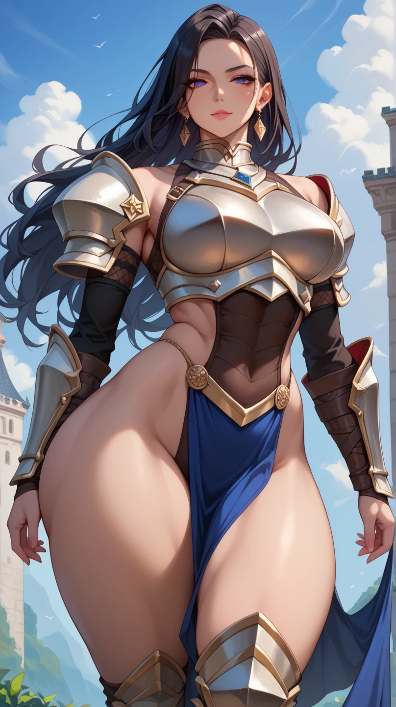 (masterpiece:1.2, highest quality), realistic, (real picture, intricate details, Depth of the bounds written), (1 girl, alone), (wearing battle armor:1.4), compensate, parted lips, very detailed, gorgeous perfect face, (huge breasts:1.8), (skin dents), Average Waist, expensive, luscious lips, (voluminous brunette hair) ,beautiful hazel blue eyes, sexy, blush, ( seducer) sensual, crooked, (fascinating dynamic pose) (saggy breasts), (deep cleavage) city, full body shot, Strong legs, Strong lower body, Strong calves, big ass, Rich waist circumference,mature woman, mature woman, Mother, plump body, Chubby,plus size model,