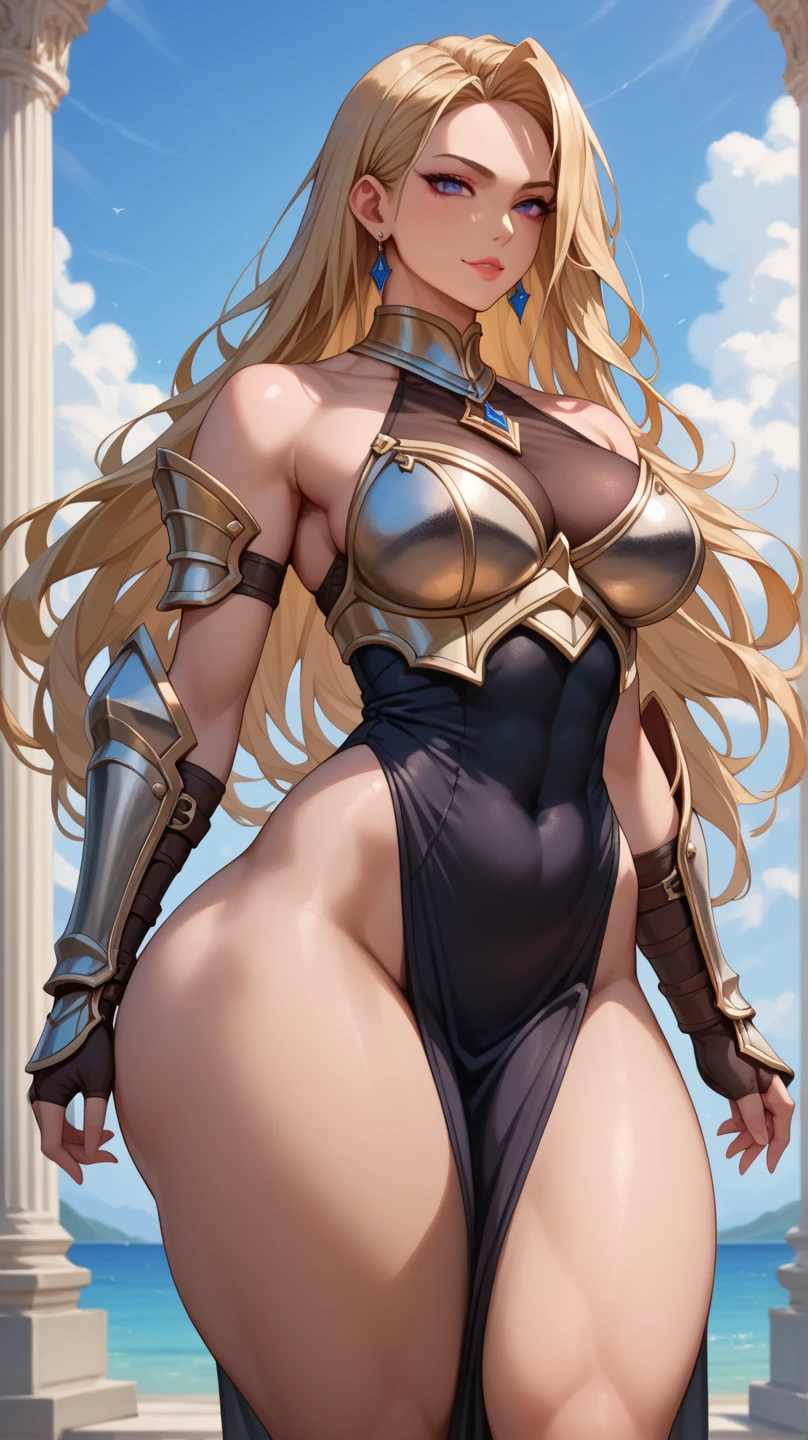Very beautiful huge calf bodybuilder similar to Vladislava Galagan with very long hair of giant breasts gigantezca strength, (Sexy barbaric outfit: 4), legs apart, full body centered using half image width,