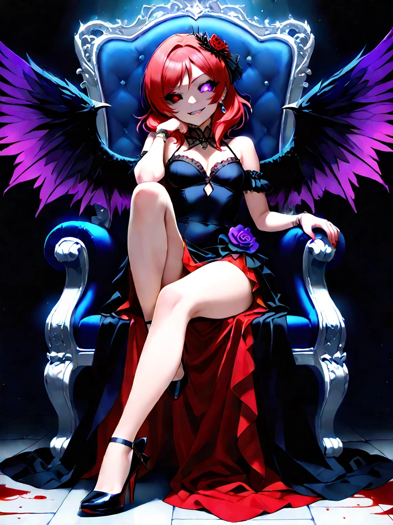 ((Best quality)), ((masterpiece)), (highly detailed:1.3),a woman long red hair, bangs, demon queen sitting on the throne horns wings corset of extremely brave leather