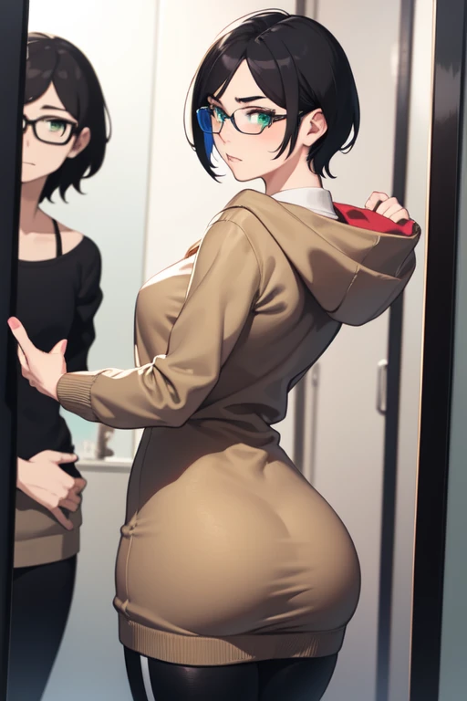 highest quality,(8K Portrait),(Official Art)、obesity、((short hair))、blush,((dark hair)),(Sweat),Black knee socks、One Woman,((:is))、hot、Office Room、Glasses、Thick thighs, Such an ass, Liar, Open crotch, Dettol, Down the Out、(Dynamic pose)、isらしない身体、Dynamic Angles、Turning around、High neck sweater、(On all fours:1.2)、On knees、Angle from behind、Cowboy Shot、bottom less