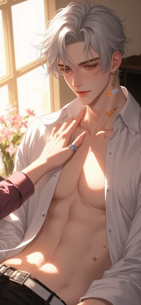 male focus, boy, shirt, yaoi, lying, brown hair, pants, nipples, short hair, pectorals, open shirt, white shirt, open clothes, black hair, muscular male, on back, muscular, looking at another, black pants /////////// ,details of 5 fingers (men), details of male body parts, details,sunny smile,Sleep,complete the photo,detail,(((full male body parts))),Button handle,Detail of 5 male fingers