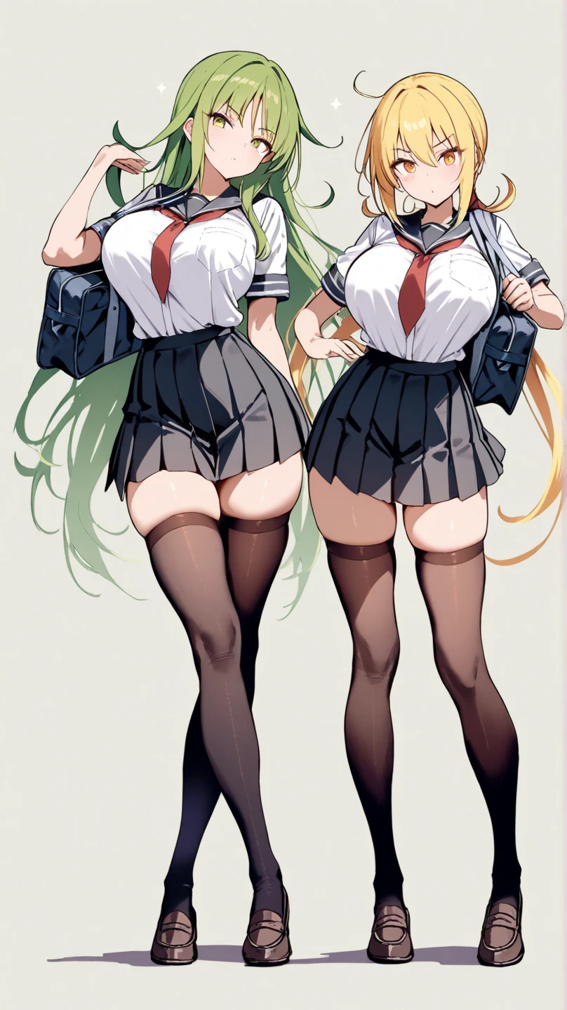 blonde woman, pigtails, midriff, short skirt, tight top, tie, striped socks, heavy boots, red and green, panties, 2girls, lesbian