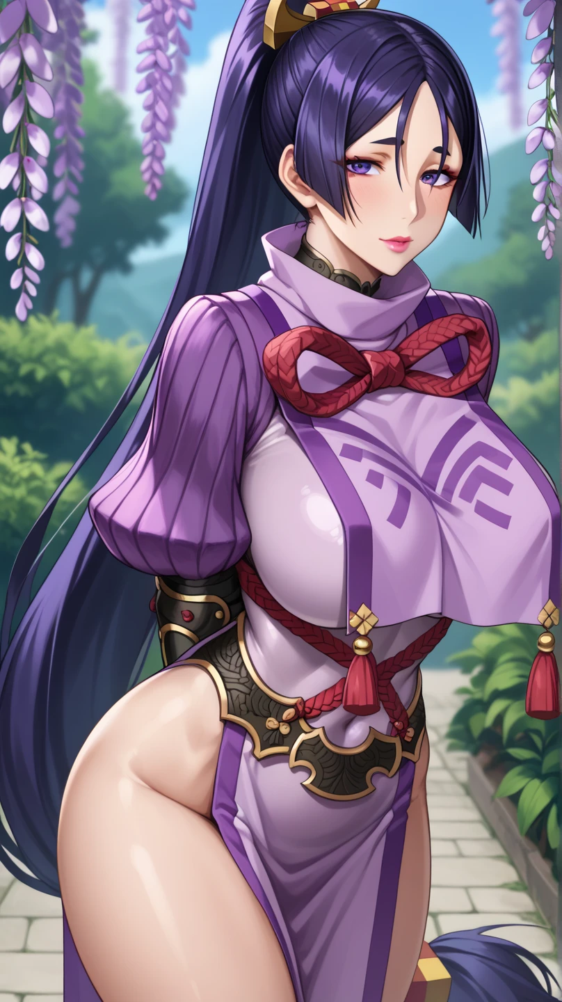 masterpiece, best quality, highres, hmmr1, minamoto no raikou (fate), high collar, gloves, japanese clothes, loincloth, (breast curtain:1.1), ribbed sleeves, rope, (bodysuit:1.2), standing, outdoors, field, flower, cowboy shot,