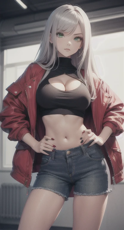 Ultra high quality,8K,Giant Breast Girl,Sexy and feminine, high and cold,Dark beauty,Enchanting,The head proportions are perfect,Gray hair,Wear a sweatshirt monogram print, Short red high-waisted skirt,Flaming red lips,Swan neck,chokers,O sol brilha intensamente