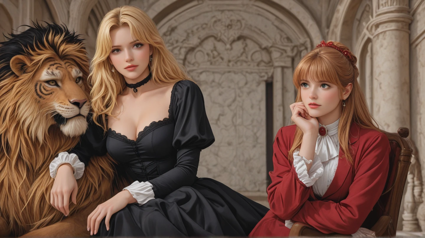 Blonde woman, twenty eight years old, blue eyes, wearing red dress, sitting on a chair in a exquisite room, fantasy world.