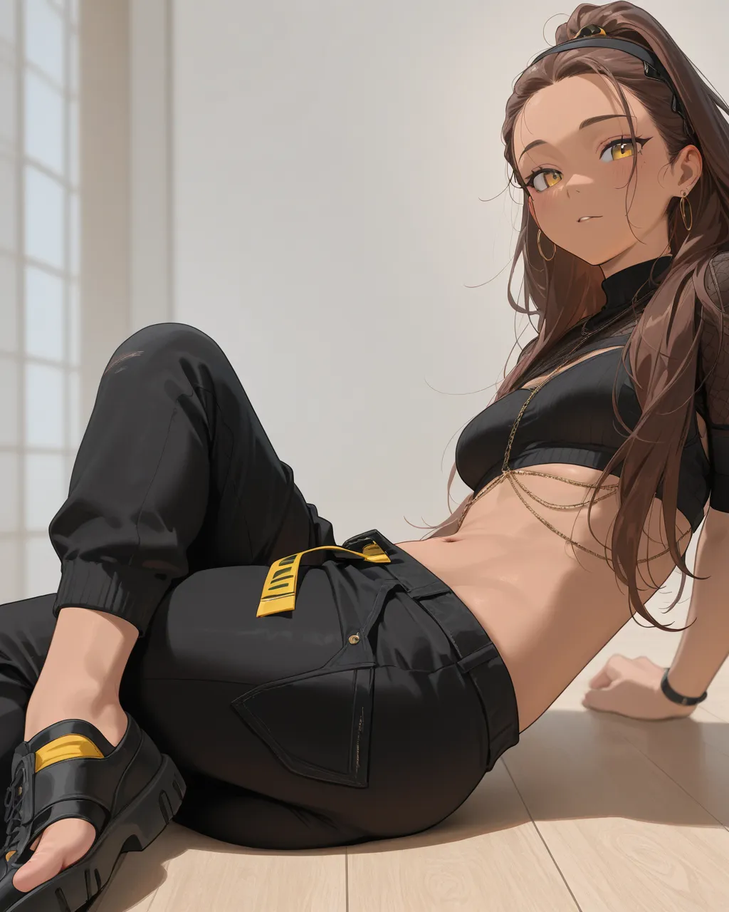 1lady, mature female, /(brown hair/) bangs, blush, (masterpiece best quality:1.2) delicate illustration ultra-detailed, pantyhose BREAK /(modern house living room/) indoors, (((selfie))), (((petite))), (((sitting on cushion))), (((close-up))), (((belly button))), (((crotch))), (((underboobs)))