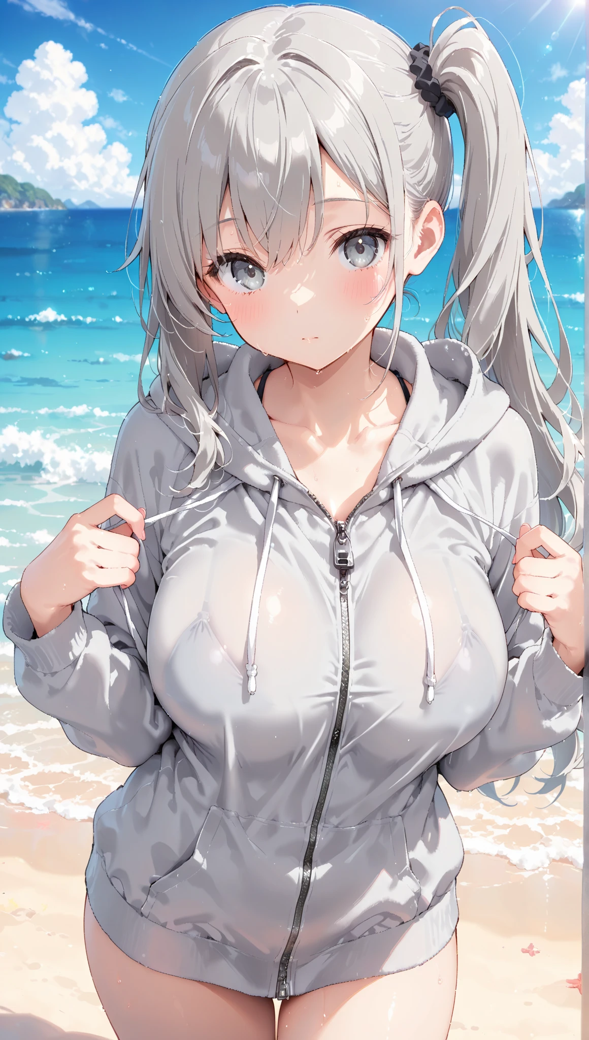 Anime illustration ((((neo)))) 、highest quality、A short and plump high school girl、hot pants、Sandy Beach、Perfect proportions、overwhelmingly big breasts、Beautiful, shining eyes、Blushed、smile、Cowboy Shot, (((SILVER HAIR))) (((SILVER HIGHLIGHTS)))
