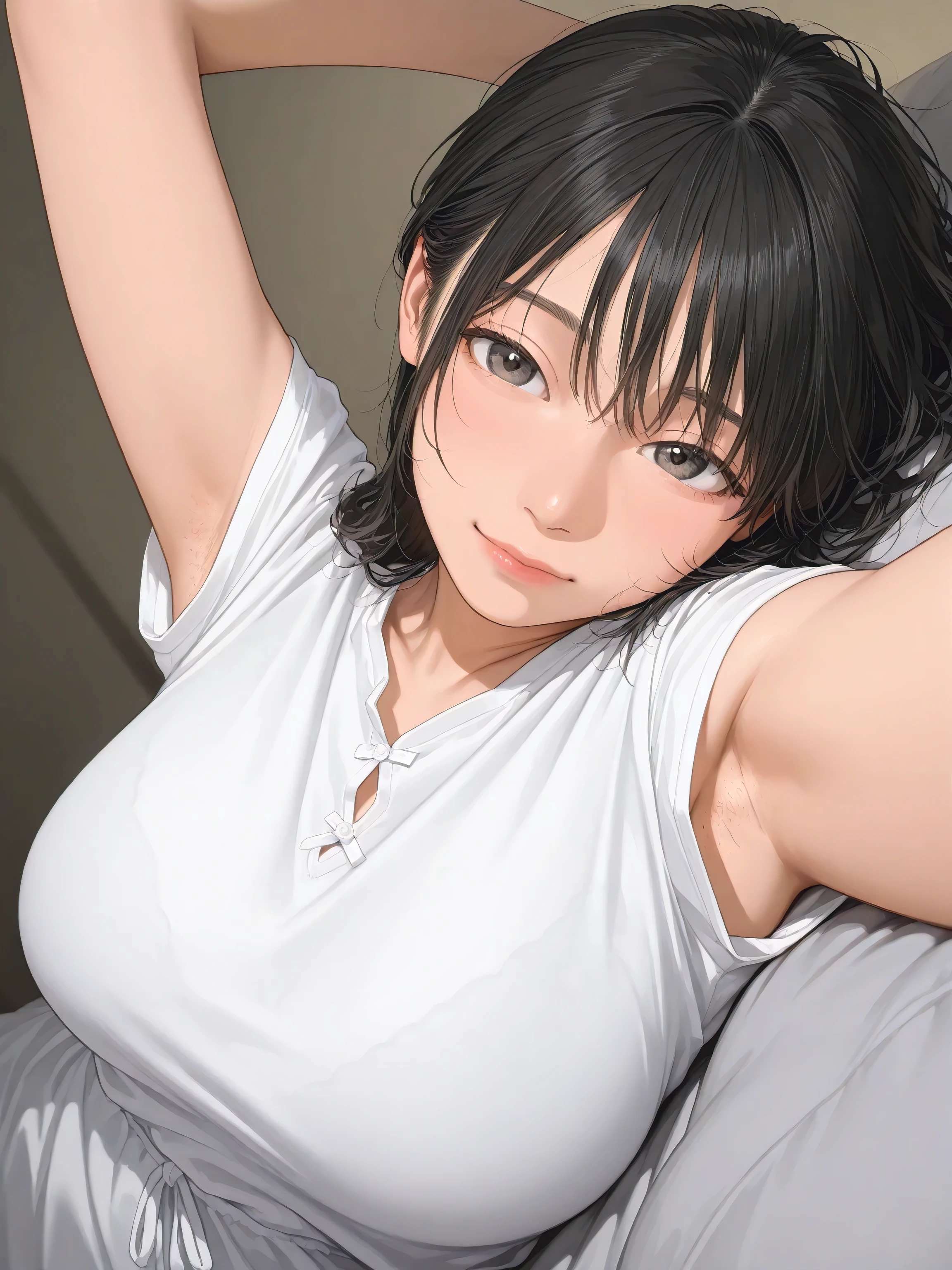 armstb,armpit stubble,Young man with long black hair, wearing a short sleeve blouse,Reclining, cold light, relaxed expression, realistic skin, subtle focus on the armpit, soft texture on the skin, seen from above, close side angle, intimate frame , faded background,big breasts,armpit with a lot of stubble of hair