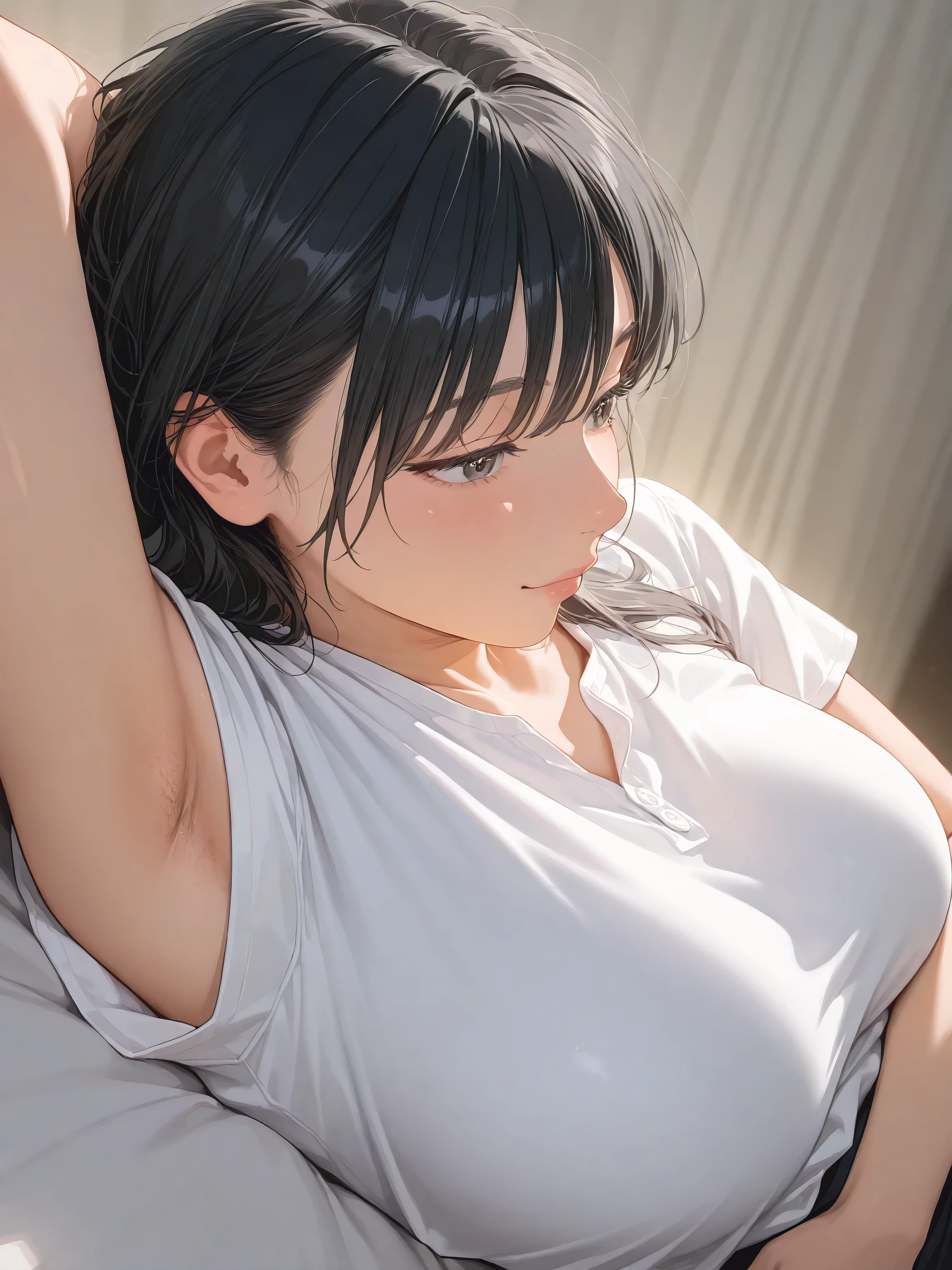 high quality, detailed, Realistic, (one 16 years old japanese boy), (detailed black eyes), (abs:1.5), (shiny skin), detailed nipples, black hair, (black tiny thong), (erected bulge), summer noon, (smile:0.7), close up face, laying, licking nipple,