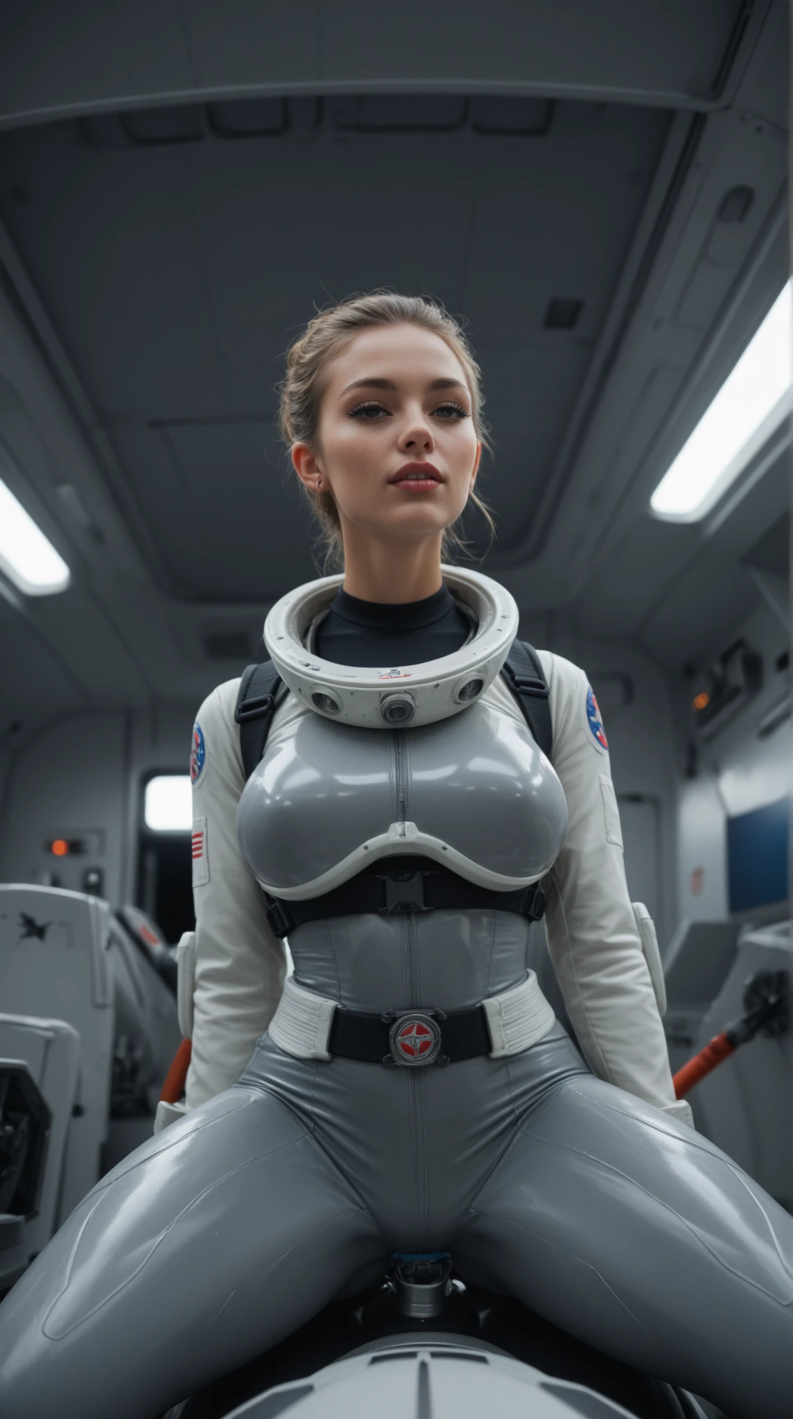 Portrait photography of gorgeous brunette wearing open buttonless white spacesuit,,standing inside spaceship,Attractive,flirt,looking at viewert,Detailed skins,highly detailed,diffused soft lighting,ultra-realistic realism,cinmatic lighting