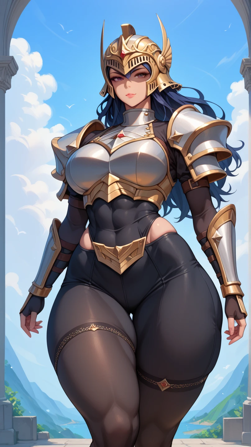 Anime, 1 girl, huge Brown hair, fluffy hairstyle, blue eyes, busty, gorgeous plumpy body, plump hips, heavy armored, Holding a gigantic weapon, she had dragon wings, she had a large tail, smiling
