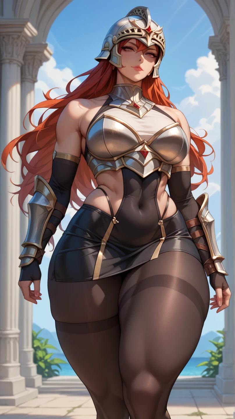 Very beautiful very beautiful calves bodybuilder with very long hair with very huge breasts showing her gigantic strength, (Sexy barbaric outfit: 4), full body centered using half image width,