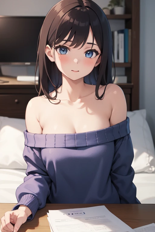look up, Upper Body, Realistic, Real person, (青whiteい肌: 1.2), RAW Photos, Realistic, Portrait Photography, Shiny skin, Shiny Hair、(A 25-year-old woman with straight hair and bangs) and (Medium Hair) and (Black Hair) and (Purple eyes) and (close your eyes), (white) and (Off-the-shoulder blouse) and (Long sleeve) 、Cleavage、surprised, The background is the living room、alone、Are standing