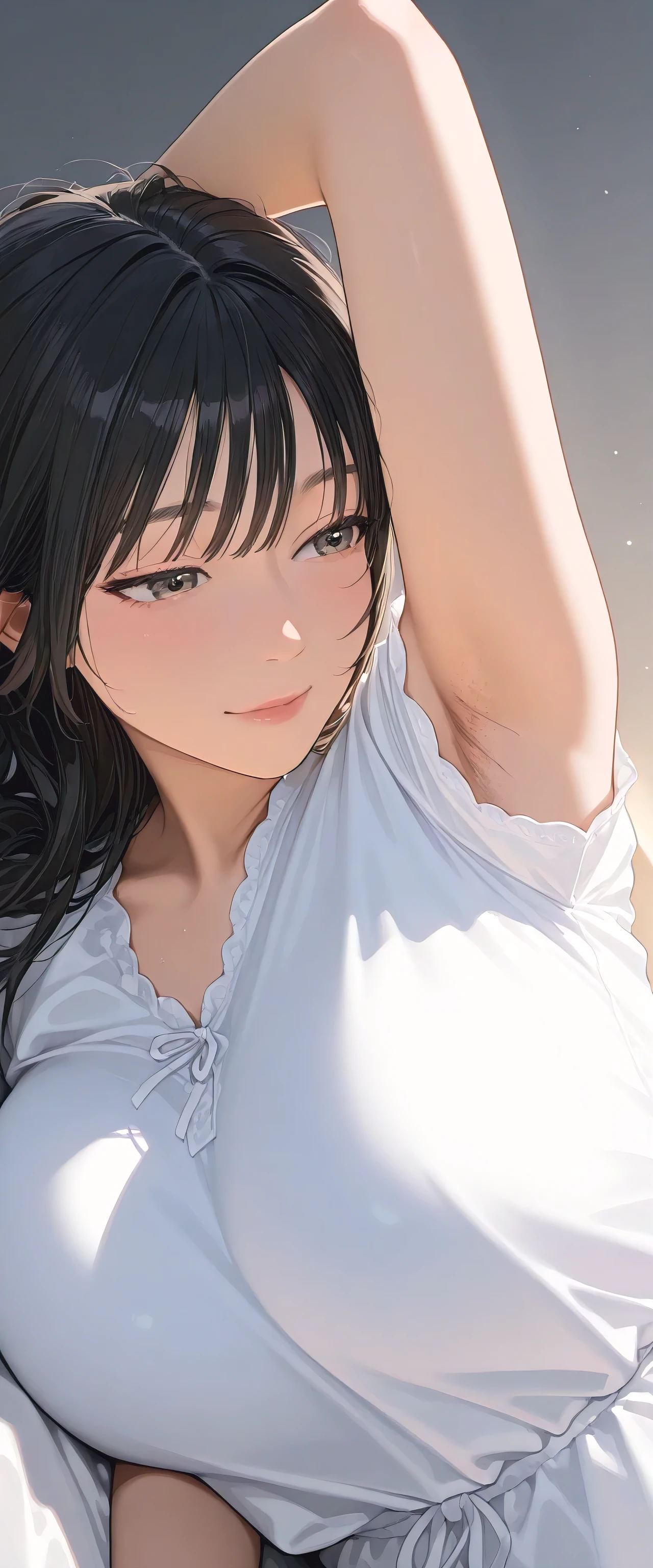 armstb,armpit stubble,Young man with long black hair, wearing a short sleeve blouse,Reclining, cold light, relaxed expression, realistic skin, subtle focus on the armpit, soft texture on the skin, seen from above, close side angle, intimate frame , faded background,big breasts,armpit with a lot of stubble of hair